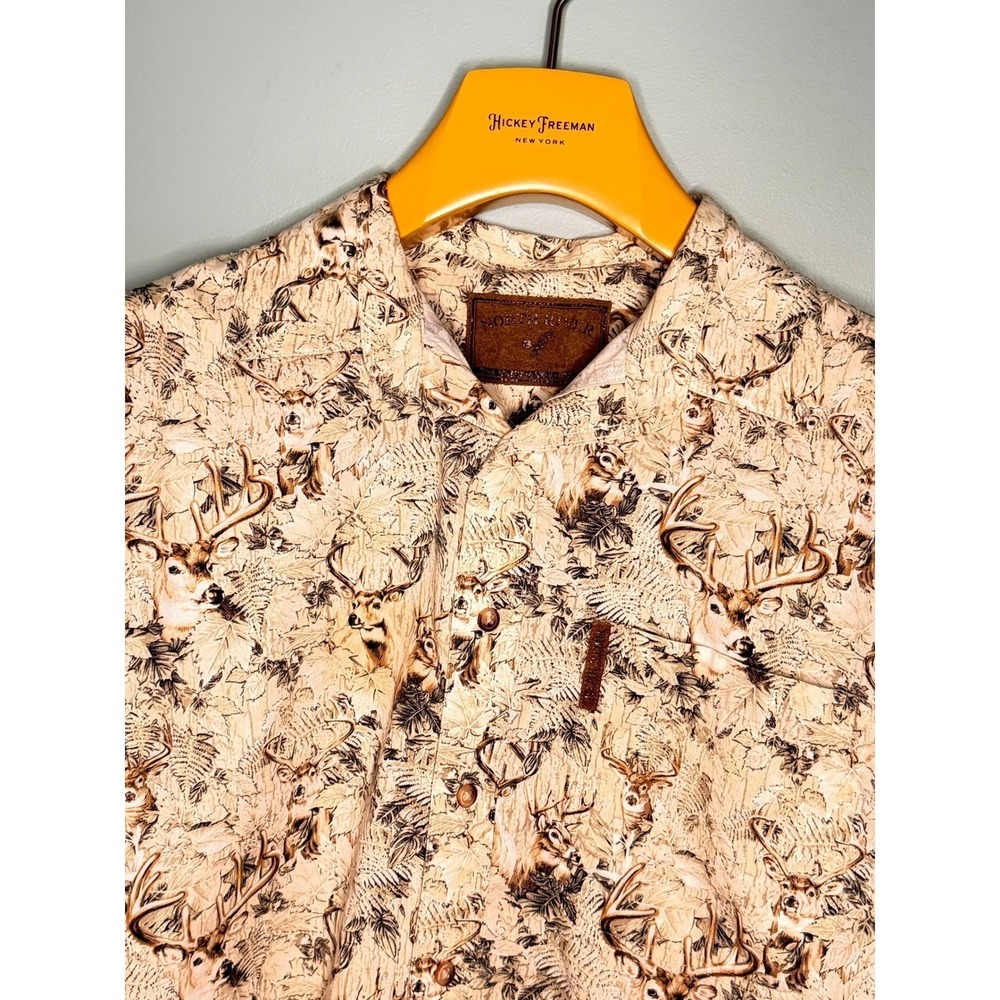 North River Deer Buck Wildlife Print Shirt Mens Large Tan Hunting Button Down